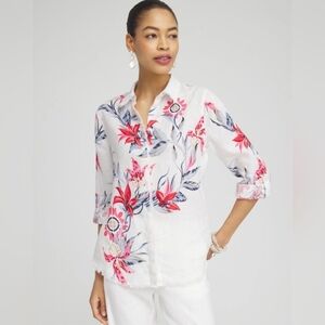 Chico's Linen Floral Fringe Shirt Sz M